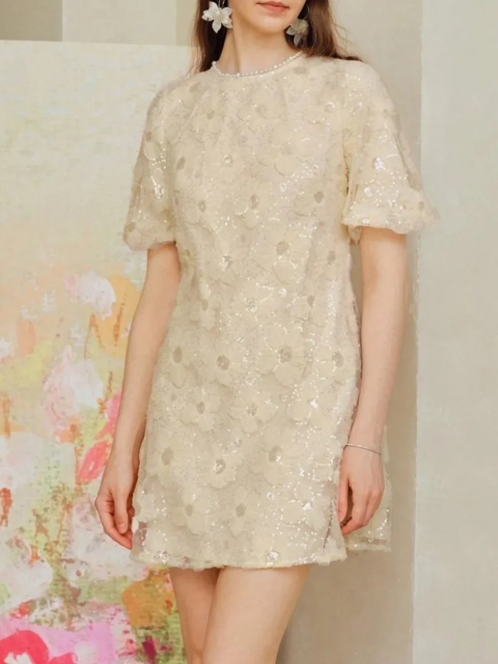Cream Sequin Floral Applique Mini Dress with Puff Sleeves